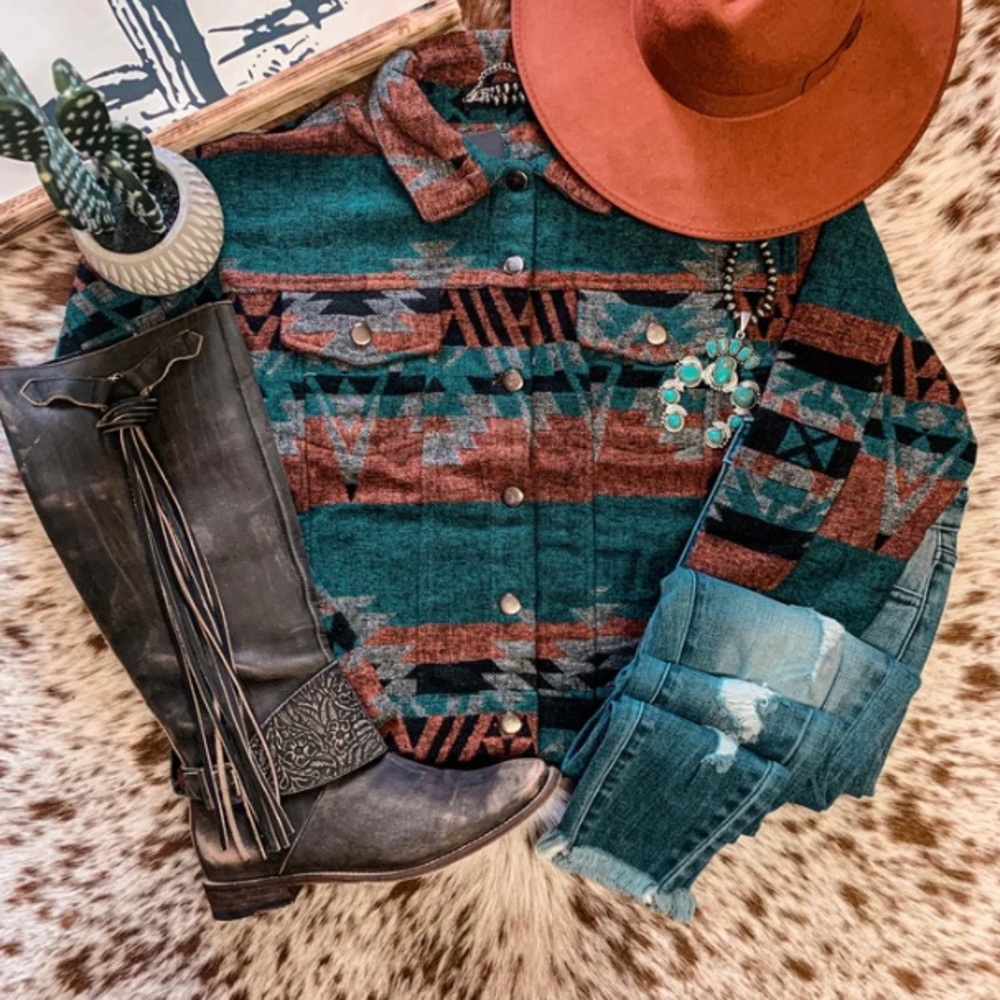 Southwestern Print Button-Front Jacket - Teal & Rust